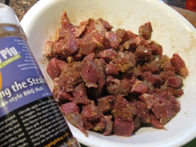 Season beef cubes with Raising the Steaks