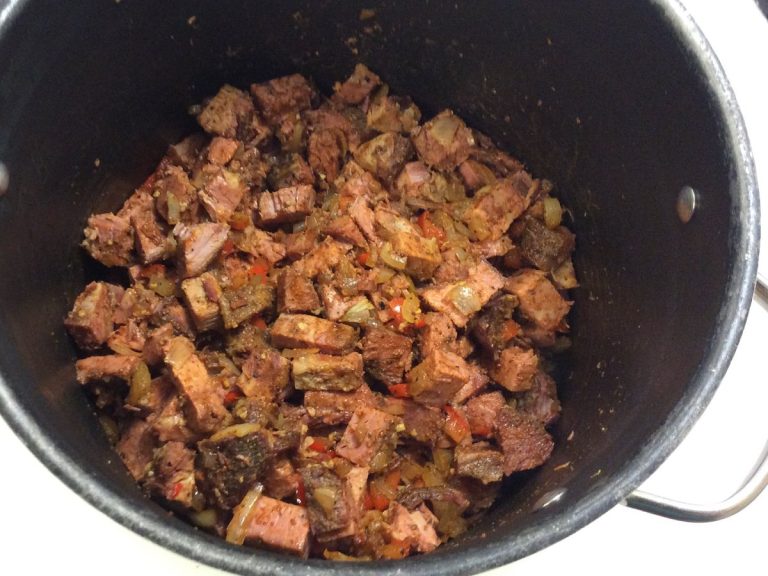 Saute veggies with brisket cubes