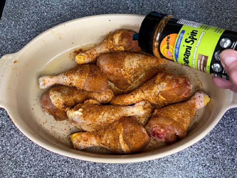 Season chicken legs liberally with Tsunami spin seasoning