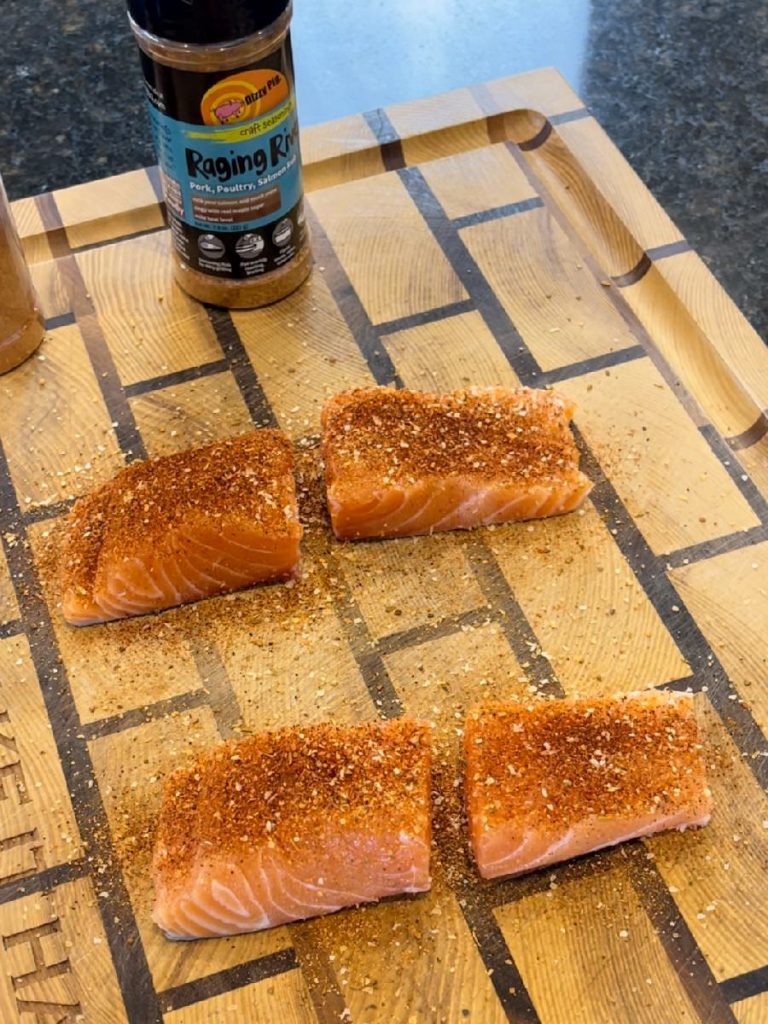 Season salmon with Dizzy Pig's Raging River and Crossroads seasonings