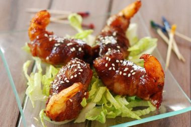 Grilled bacon-wrapped shrimp