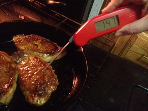 Cook pork loin until the internal temp reads 140°F