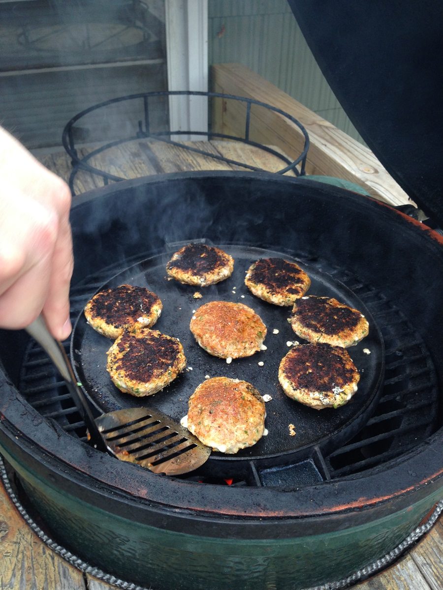 Flip salmon cakes when you begin to see white droplets forming