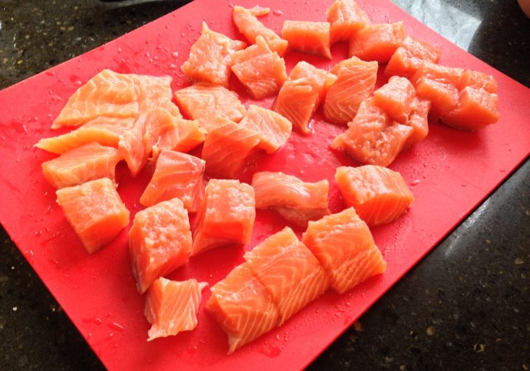 Skin and cut salmon into 1"cubes
