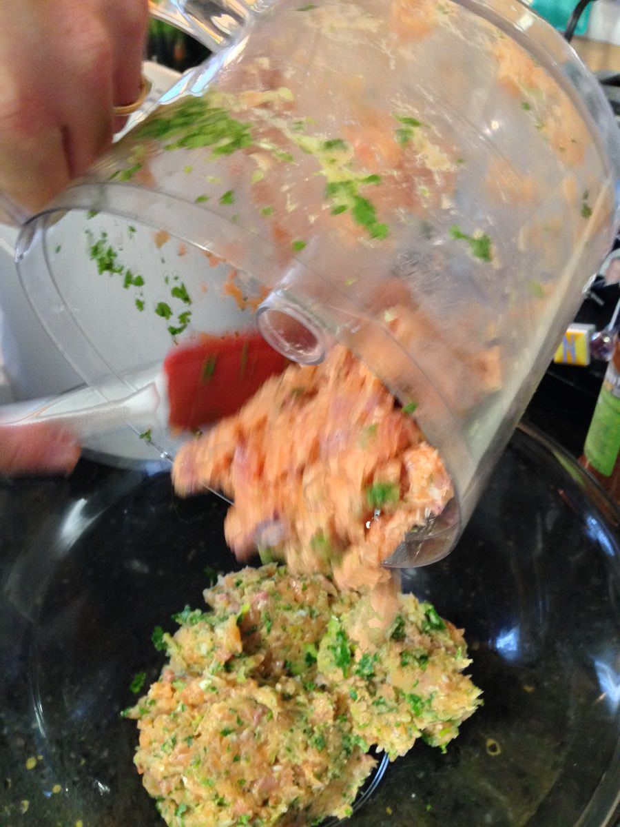 Process salmon and cilantro into a paste