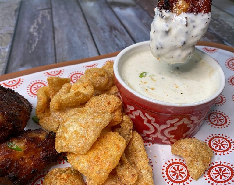 Bloody Mary chicken wings with Horseradish dip and garnish