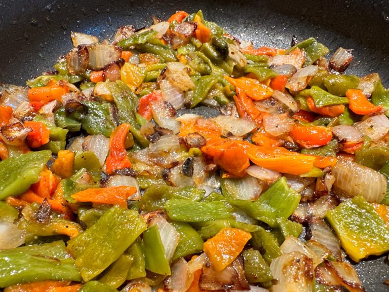 Caramelize onions and diced roasted peppers
