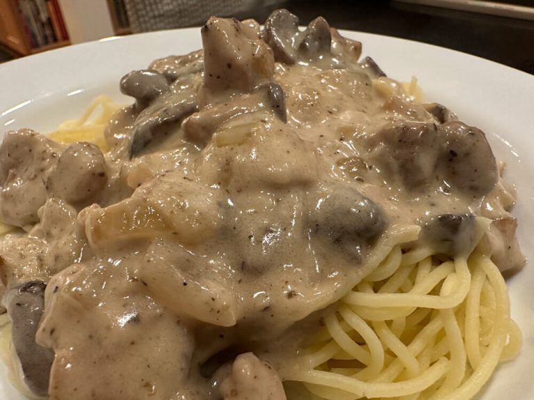 We served our chicken stroganoff over homemade angel hair pasta!