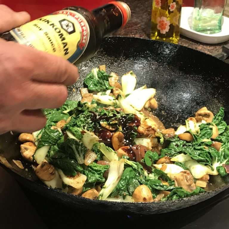 Add soy sauce. Turn off heat and toss until incorporated