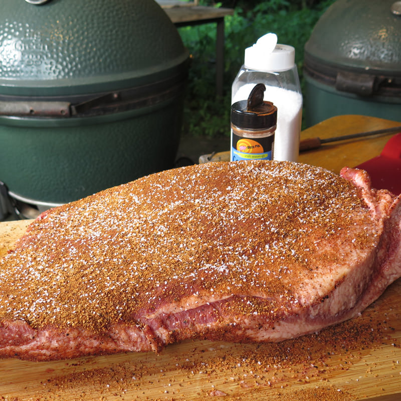 We typically use 1/2 cup of Dizzy Pig Cow Lick on a 12-14 pound brisket