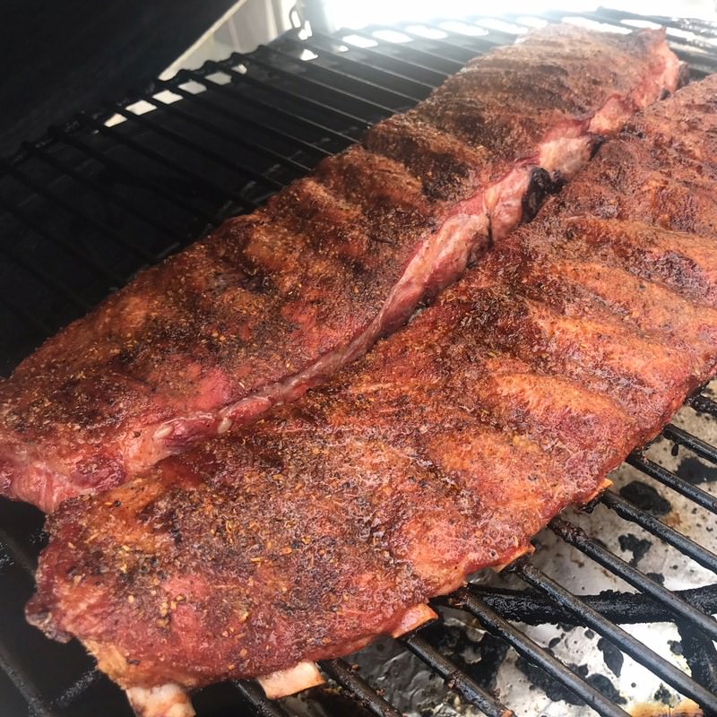 Cook ribs for 3.5 to 4 hours until rub has turned into a nice dark brown crust