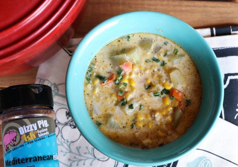 Hearty corn chowder is ready to eat