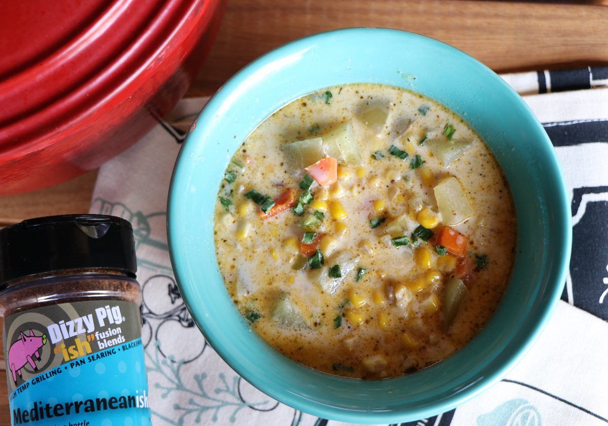 Hearty corn chowder is ready to eat