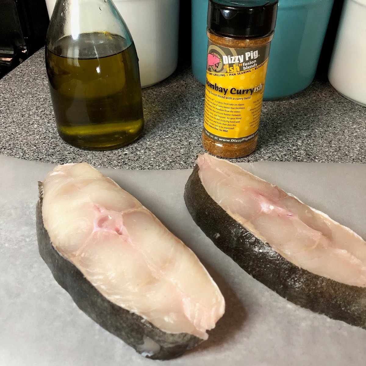 Simple ingredients for Grilled halibut steaks with curry-ish lime butter