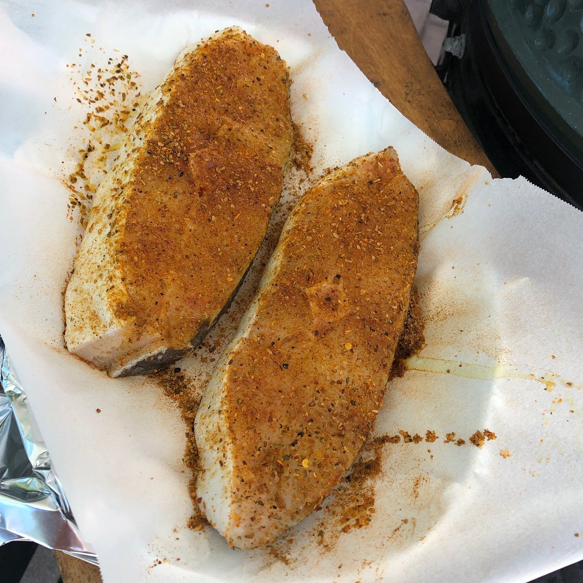 Halibut steaks seasoned with Bombay Curry-ish