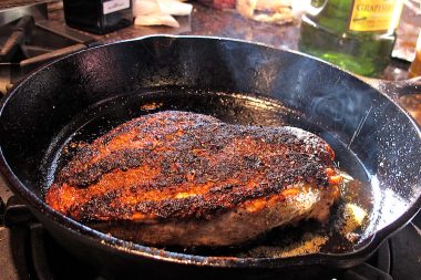 Deep brown pan-seared chicken
