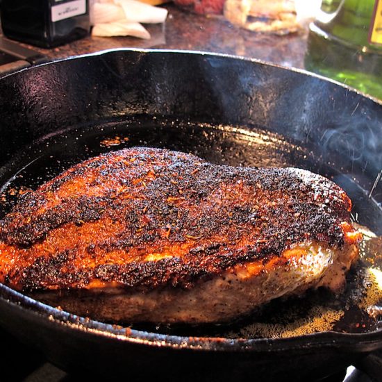 Deep brown pan-seared chicken