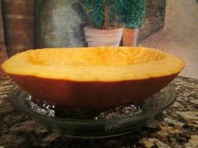 Take the flattest part of the pumpkin and make a “pie dish” piece