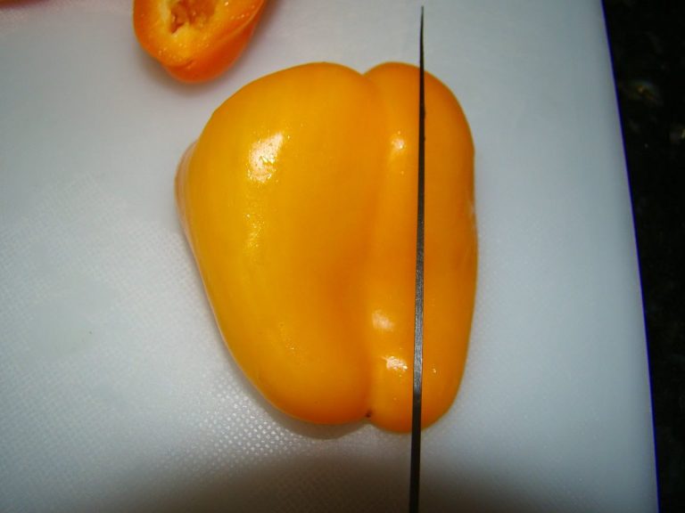 Seed and chop peppers. Use a colorful variety.