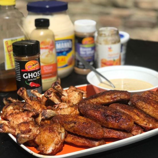 Ghost Wings with creamy maple apricot dijon dipping sauce