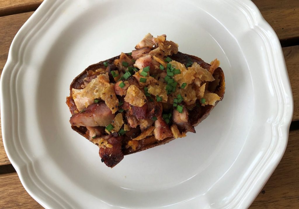 Grilled sweet potatoes topped with chicken