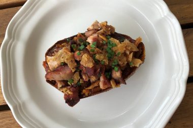 Grilled sweet potatoes topped with chicken