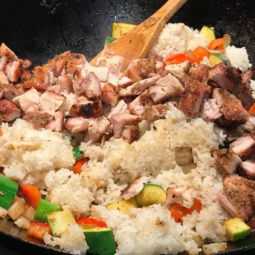 Add the rice, cubed chicken back to the wok
