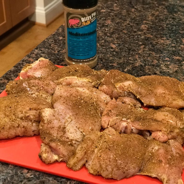 Season chicken thighs liberally with Dizzy Pig Mediterranean-ish