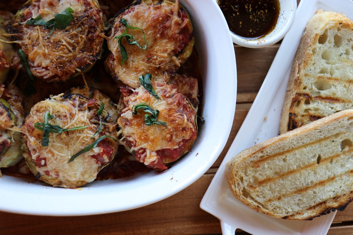 Serve grilled eggplant parmesan with bread