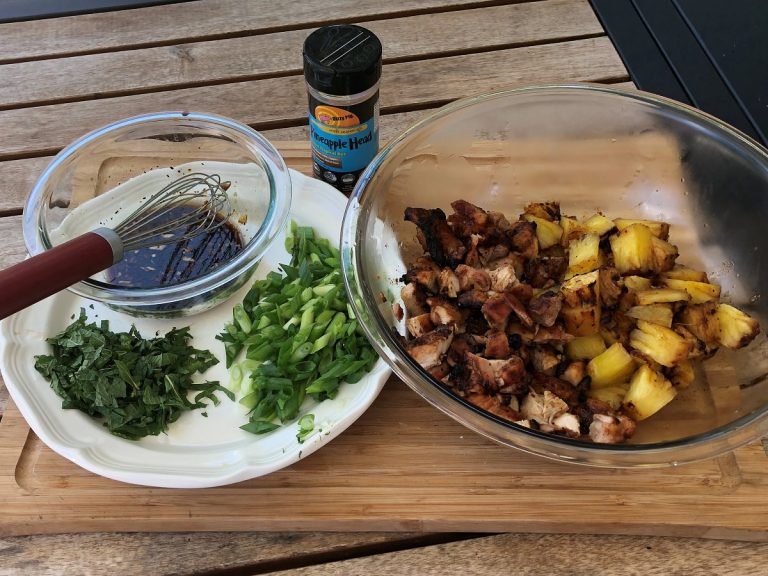 Cut chicken and pineapple into bite-sized pieces