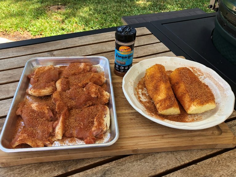 Season the pineapple and chicken liberally on all sides with Dizzy Pig Pineapple Head Seasoning