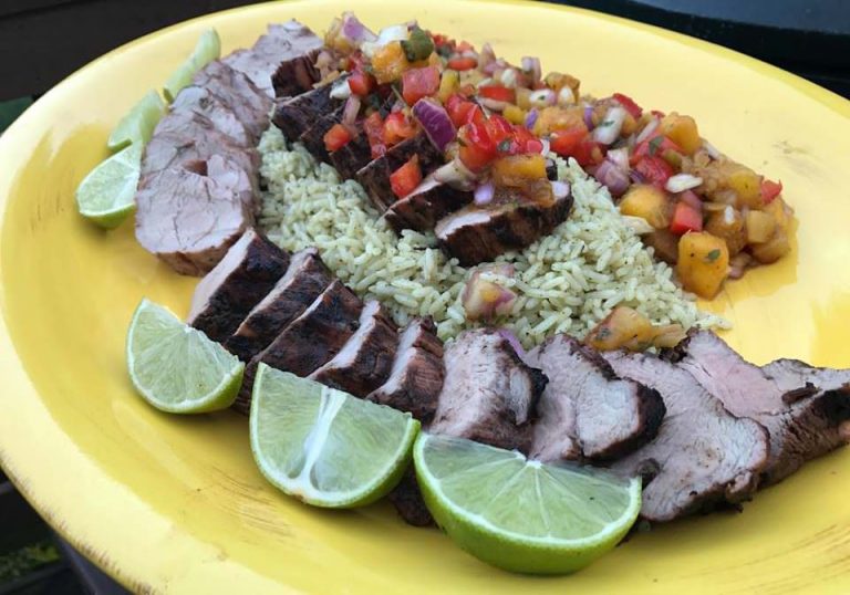 Grilled pineapple and mango salsa with Jamaican jerk pork tenderloin