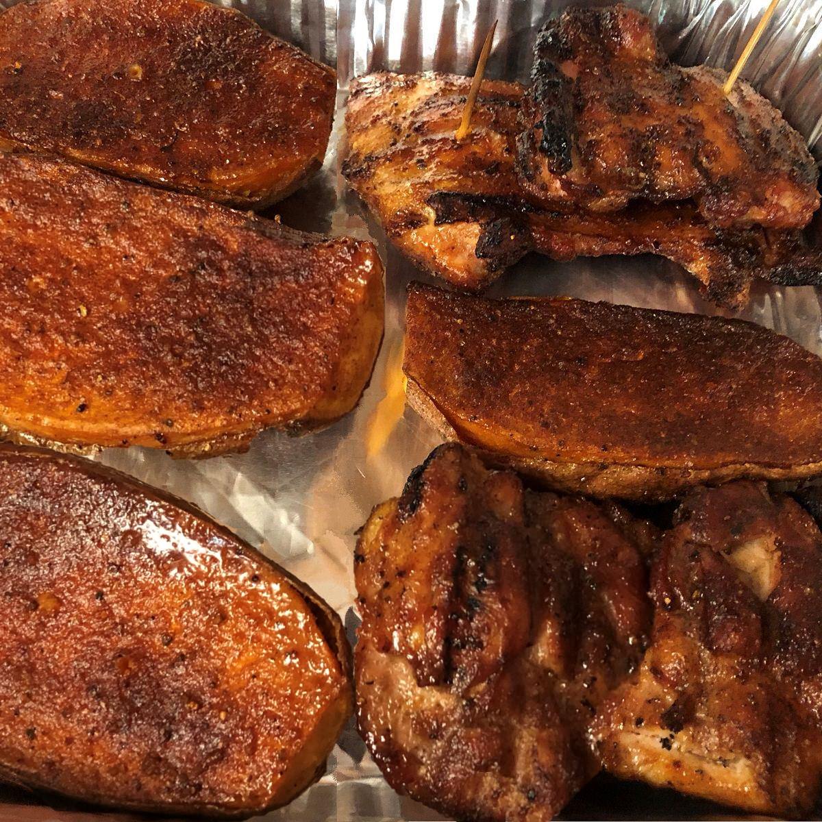 Sweet potatoes and chicken fresh off the grill
