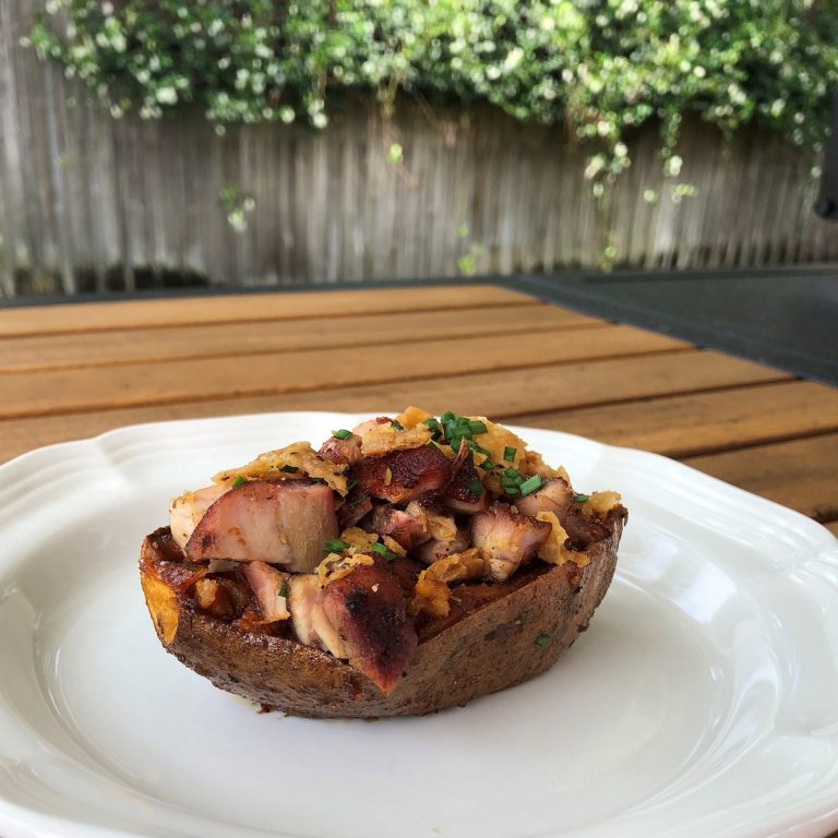 Grilled sweet potatoes topped with chicken