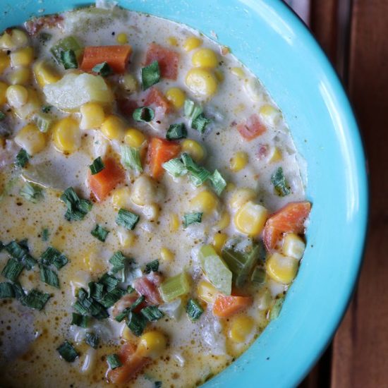 Hearty corn chowder with Mediterranean-ish seasoning