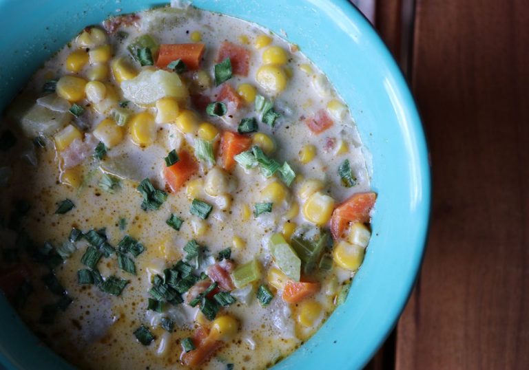 Hearty corn chowder with Mediterranean-ish seasoning