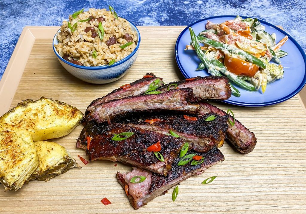 Dizzy ‘Mon Jerk Ribs with Jamaican Vegetable Rundown and Coconut Rice