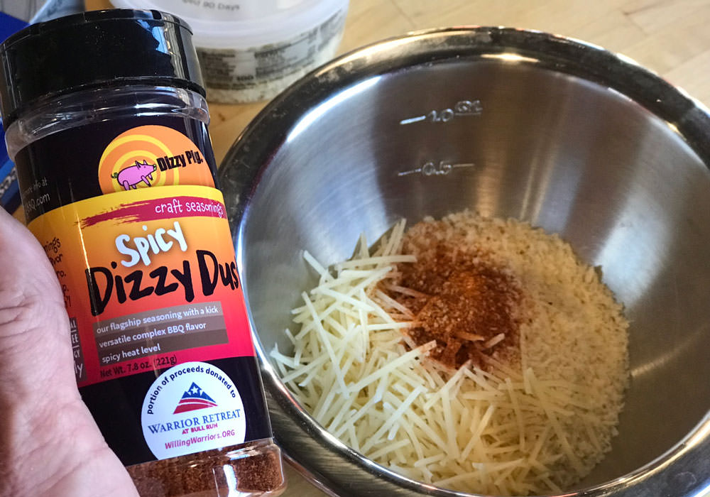 Mix Panko, Parmesan cheese and Spicy Dizzy Dust for the topping
