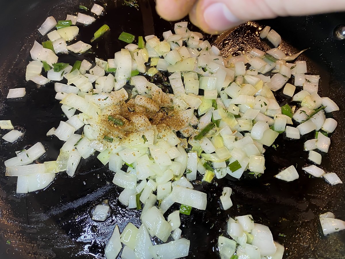 Sauté onion, scallions, thyme, and Jamaican Firewalk seasoning