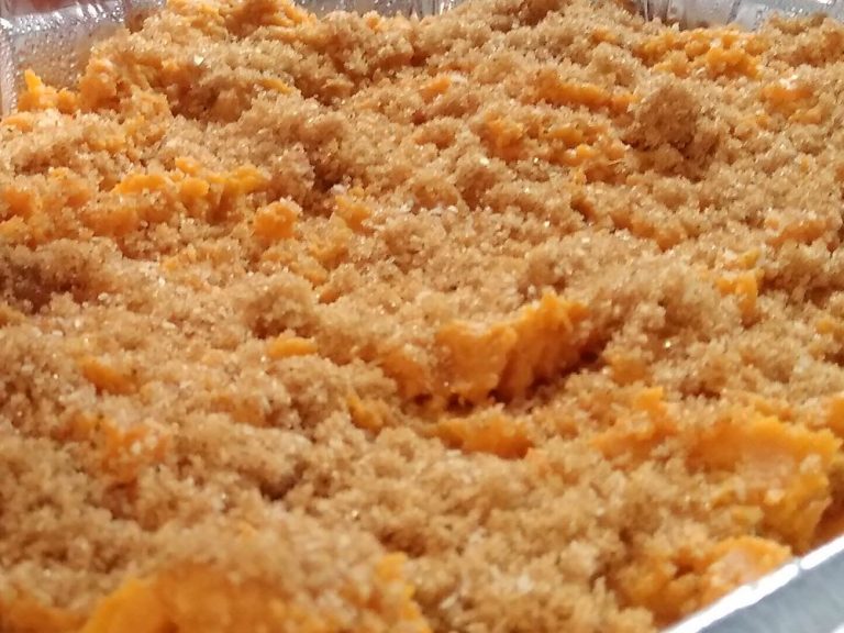 Pour mixture into baking dish and sprinkle with additional Pineapple Head, salt and brown sugar