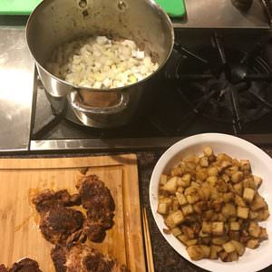 Remove potatoes, then sauté onions until translucent