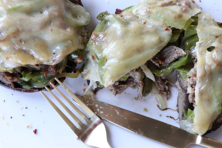 Remove mushroom cheesesteak from heat and enjoy!