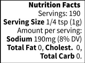 Nutrition label for Dizzy Pig Salt-Pepper-Garlic (SPG) seasoning