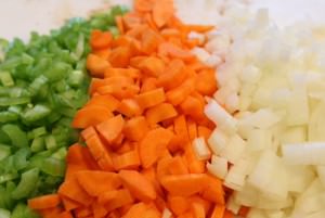 Add onion, carrot and celery to the hot pan with that luscious food