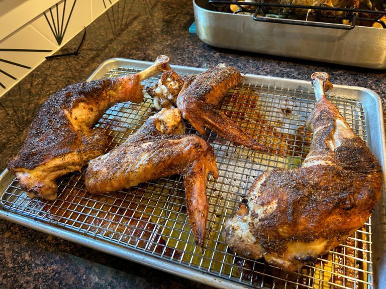 Cook until the thickest part of breast reads 145°F, and dark meat is 170°F