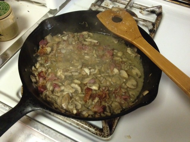 Saute the mushrooms, panchetta, shallots with some wine