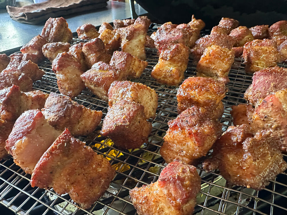 Pork belly cubes after 1 hour cooking