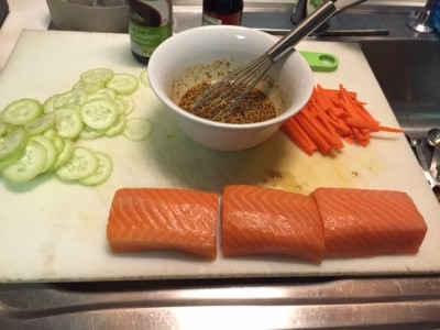 Sushi grade salmon and ingredients