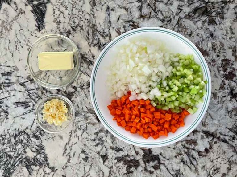 Dice veggies for Seafood Stuffing