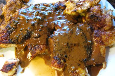 Smashed Chicken with green peppercorn sauce